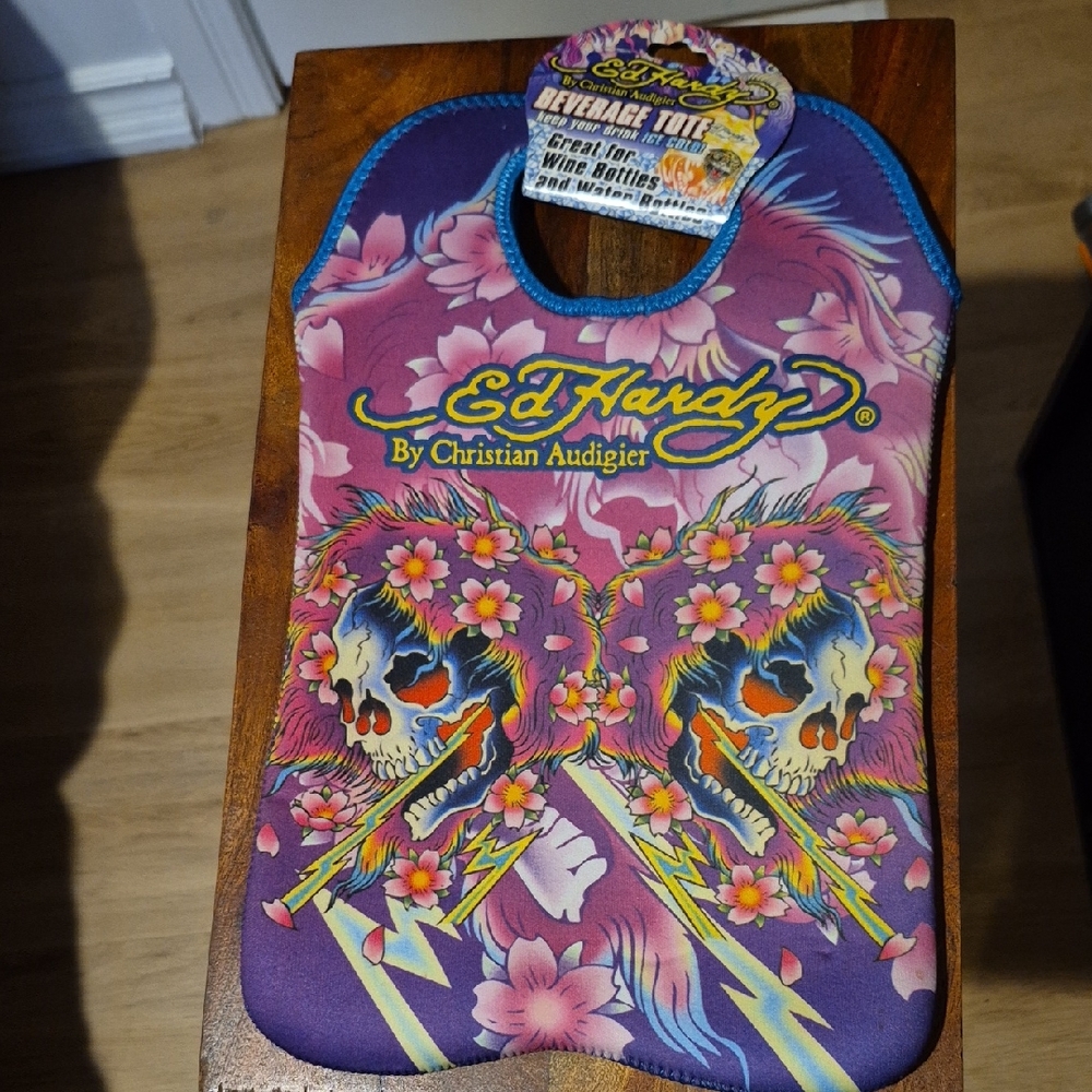 Ed Hardy Purple Skull and Floral Beverage Tote